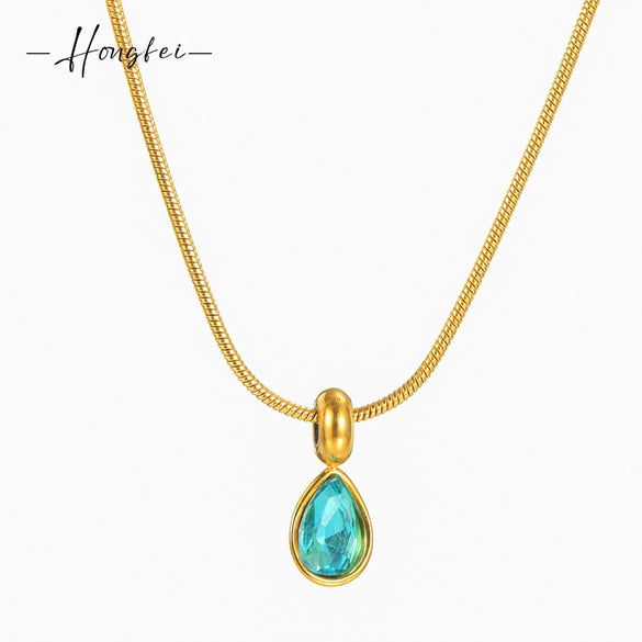 Stainless Steel And Titanium Steel Drop Shape Necklace For Women With Electroplating And Snake Bone Chain