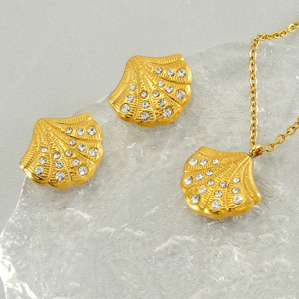 Stainless Steel And Titanium Steel Earrings Necklace Suit For Women With Shell Fanshaped Pattern And Diamondembedded Fashion Design And Electroplating Treatment