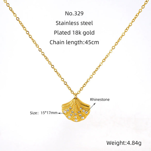 Stainless Steel And Titanium Steel Earrings Necklace Suit For Women With Shell Fanshaped Pattern And Diamondembedded Fashion Design And Electroplating Treatment