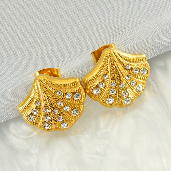 Stainless Steel And Titanium Steel Earrings Necklace Suit For Women With Shell Fanshaped Pattern And Diamondembedded Fashion Design And Electroplating Treatment