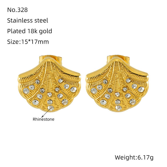 Stainless Steel And Titanium Steel Earrings Necklace Suit For Women With Shell Fanshaped Pattern And Diamondembedded Fashion Design And Electroplating Treatment