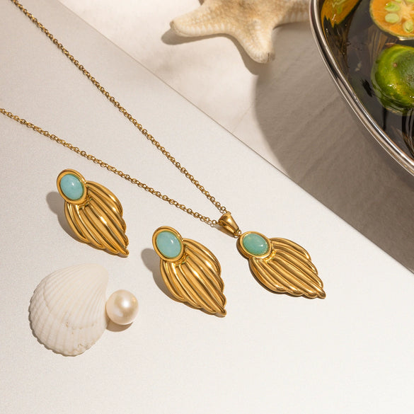 Stainless Steel And Titanium Steel Electroplated Earrings And Necklace With Blue Stone And Leaf Shape For Women