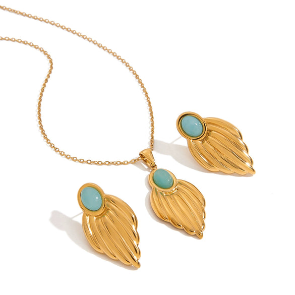 Stainless Steel And Titanium Steel Electroplated Earrings And Necklace With Blue Stone And Leaf Shape For Women