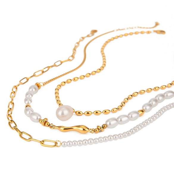 Stainless Steel And Titanium Steel Freshwater Pearl Multilayer Necklace With Geometric Design And Electroplating For Women