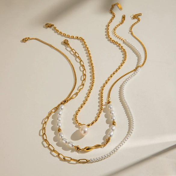 Stainless Steel And Titanium Steel Freshwater Pearl Multilayer Necklace With Geometric Design And Electroplating For Women