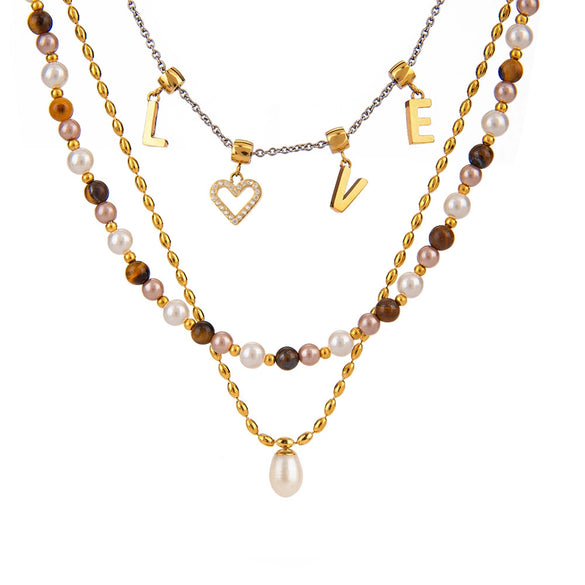 Stainless Steel And Titanium Steel Freshwater Pearl Tiger Eye Geometric Pendant Necklace For Women With Electroplating