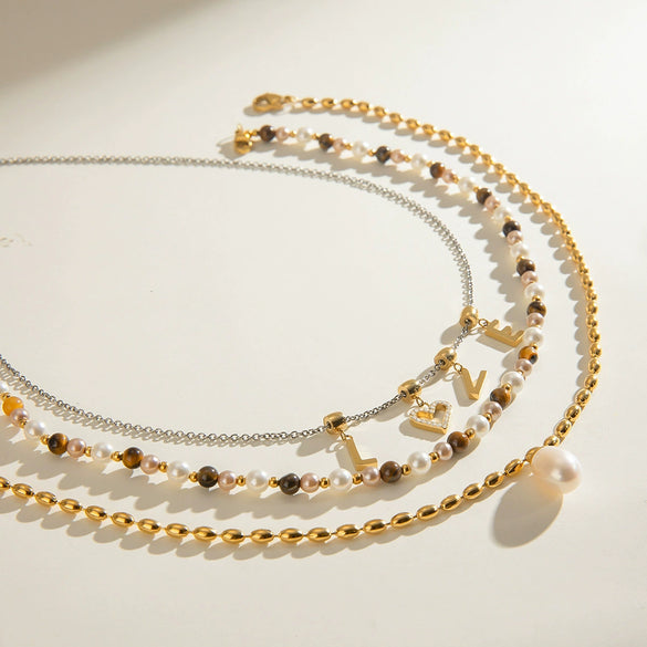 Stainless Steel And Titanium Steel Freshwater Pearl Tiger Eye Geometric Pendant Necklace For Women With Electroplating