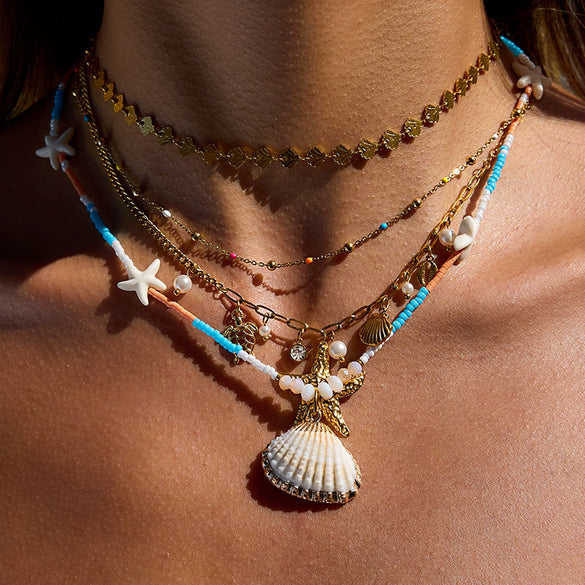 Stainless Steel And Titanium Steel Geometric Animal Style Electroplated Rice Bead Shell Starfish Pendant Necklace For Women