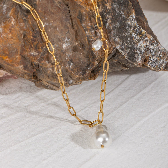Stainless Steel And Titanium Steel Geometric Baroque Pearl Necklace With Electroplating For Women