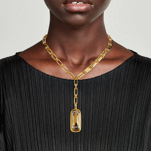 Stainless Steel And Titanium Steel Geometric Couple Necklace With Goldplated Electroplating