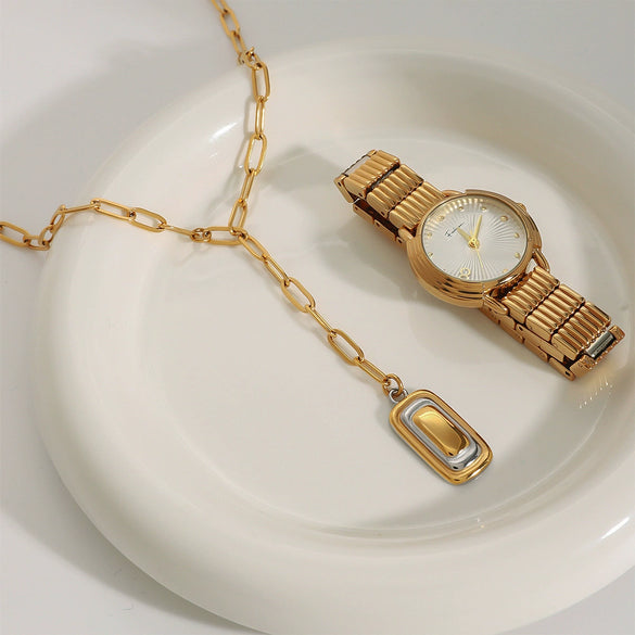Stainless Steel And Titanium Steel Geometric Couple Necklace With Goldplated Electroplating