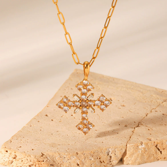Stainless Steel And Titanium Steel Geometric Cross Pendant Necklace Inlaid With Zircon For Women