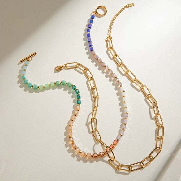 Stainless Steel And Titanium Steel Geometric Crystal Bead Necklace For Women With Electroplating