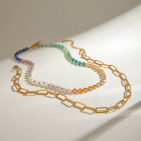 Stainless Steel And Titanium Steel Geometric Crystal Bead Necklace For Women With Electroplating