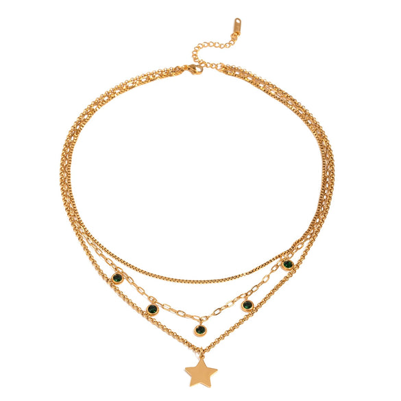 Stainless Steel And Titanium Steel Geometric Fivepointed Star Green Diamond Pendant Threelayer Electroplated Women's Necklace