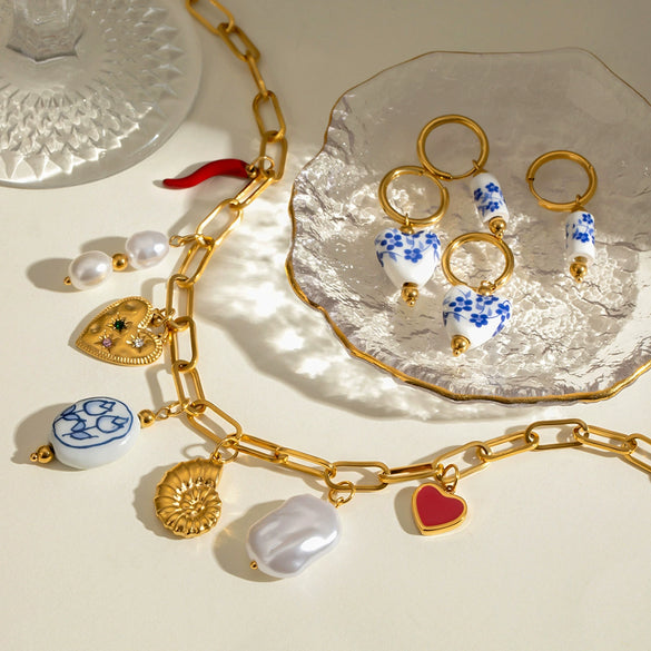 Stainless Steel And Titanium Steel Geometric Marine Necklace With Ceramic Pendant Electroplated