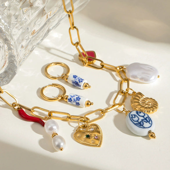 Stainless Steel And Titanium Steel Geometric Marine Necklace With Ceramic Pendant Electroplated