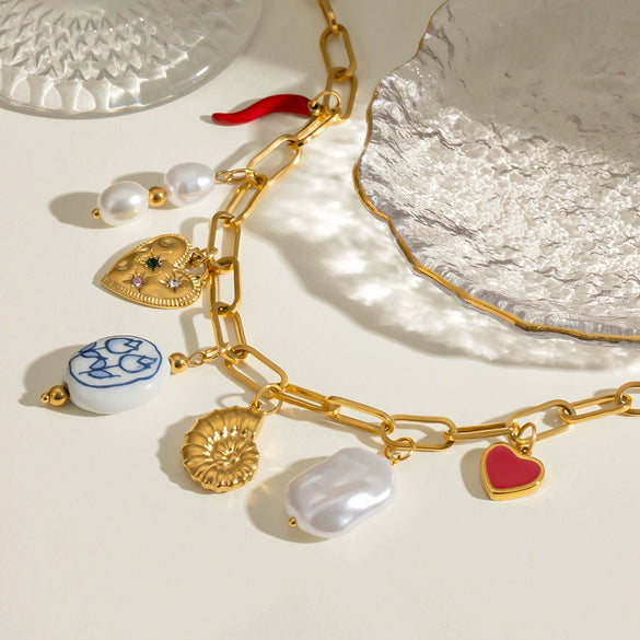 Stainless Steel And Titanium Steel Geometric Marine Necklace With Ceramic Pendant Electroplated