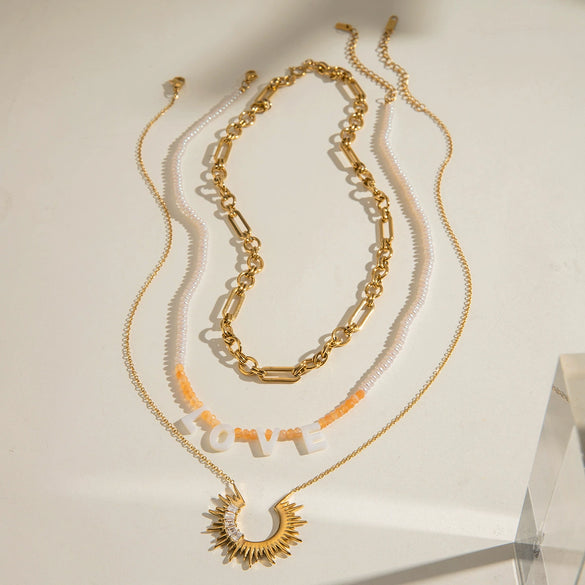 Stainless Steel And Titanium Steel Geometric Natural Stone Zircon Pearl Bead Necklace With Electroplating For Women