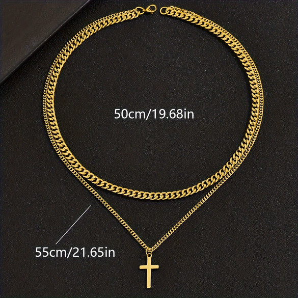 Stainless Steel And Titanium Steel Geometric Ochain Doublelayer Cross Clavicle Necklace With Electroplating