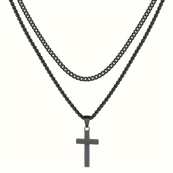 Stainless Steel And Titanium Steel Geometric Ochain Doublelayer Cross Clavicle Necklace With Electroplating