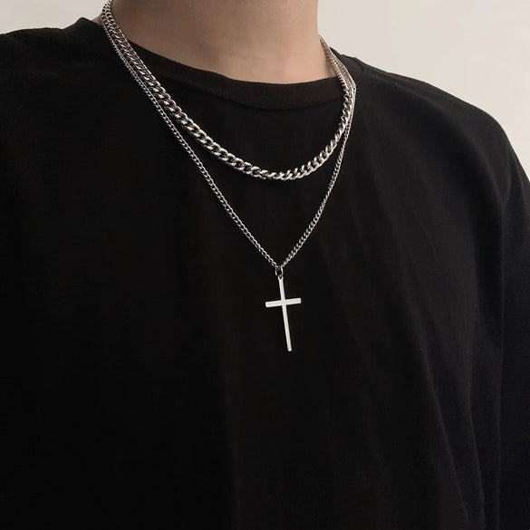 Stainless Steel And Titanium Steel Geometric Ochain Doublelayer Cross Clavicle Necklace With Electroplating