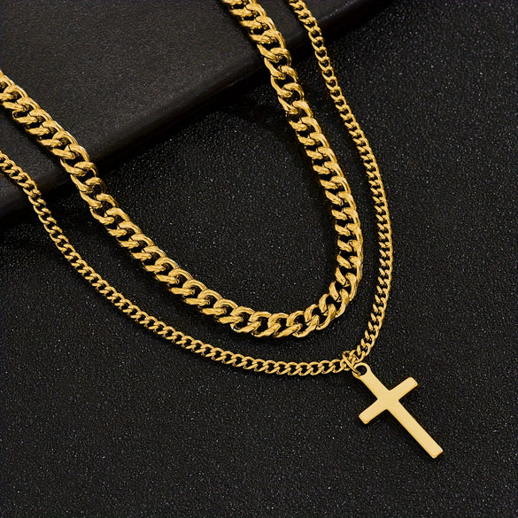 Stainless Steel And Titanium Steel Geometric Ochain Doublelayer Cross Clavicle Necklace With Electroplating