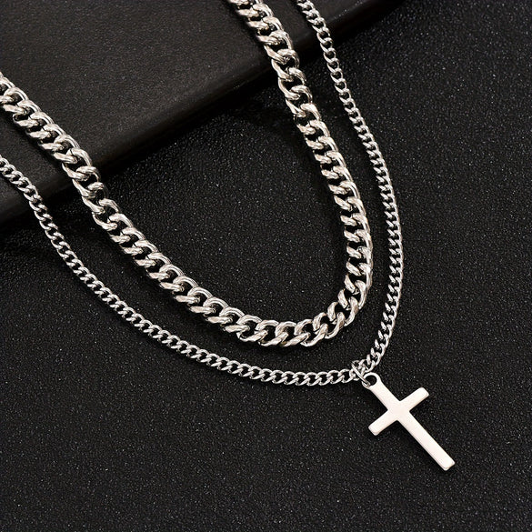 Stainless Steel And Titanium Steel Geometric Ochain Doublelayer Cross Clavicle Necklace With Electroplating