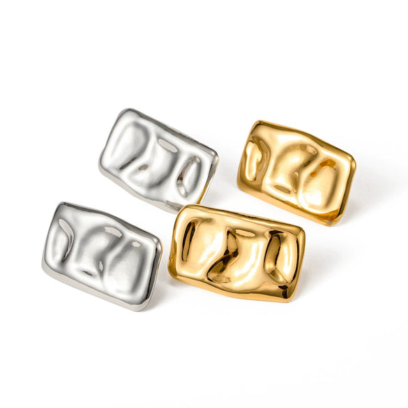 Stainless Steel And Titanium Steel Geometric Square Earrings With Hammer Pattern Electroplated Jewelry For Women