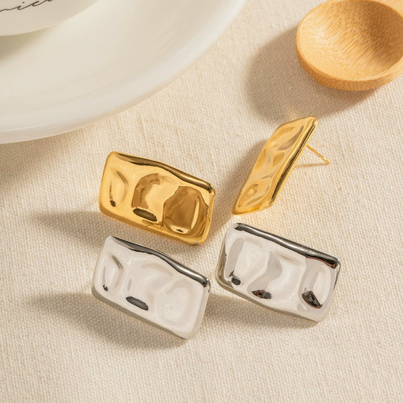 Stainless Steel And Titanium Steel Geometric Square Earrings With Hammer Pattern Electroplated Jewelry For Women