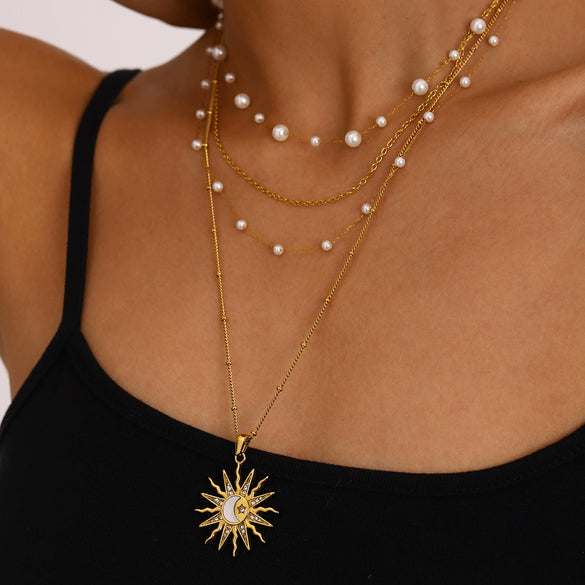 Stainless Steel And Titanium Steel Geometric Star Moon Pendant Pearl Multilayer Overlapping Necklace For Women With Electroplating