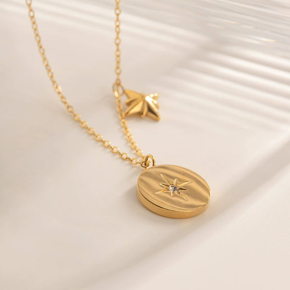 Stainless Steel And Titanium Steel Geometric Star Zircon Necklace For Women With Electroplating