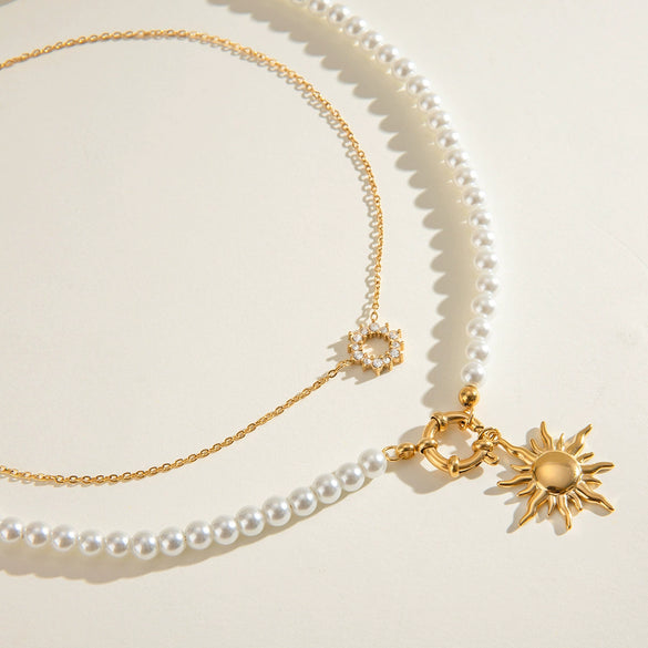 Stainless Steel And Titanium Steel Geometric Style Pearl Zircon Sun Niche Multilayer Stacked Necklace For Women