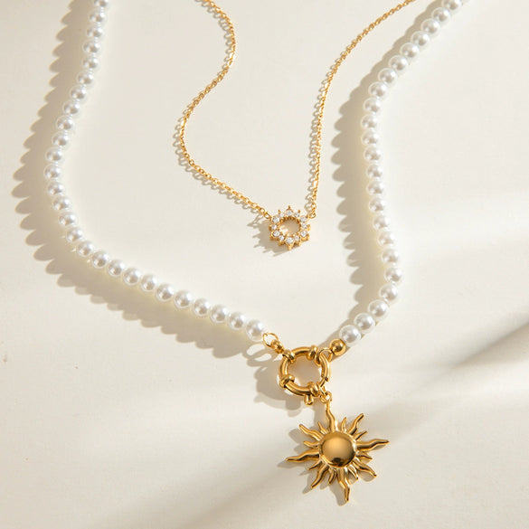 Stainless Steel And Titanium Steel Geometric Style Pearl Zircon Sun Niche Multilayer Stacked Necklace For Women