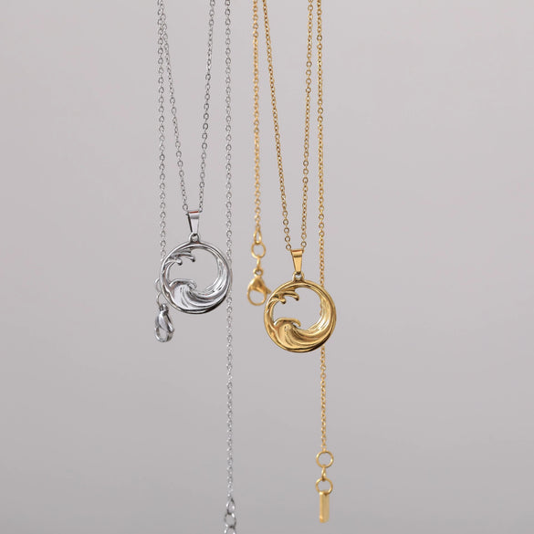Stainless Steel And Titanium Steel Geometric Wave Pendant Necklace With Ochain Electroplated Simple Natural Style Unisex