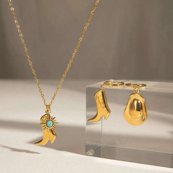 Stainless Steel And Titanium Steel Hat Pattern Boots Pendant Necklace And Earrings With Electroplating