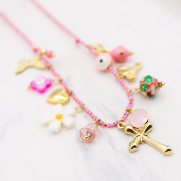 Stainless Steel And Titanium Steel Heart And Cross Shaped Zircon Multipendant Necklace With Electroplating