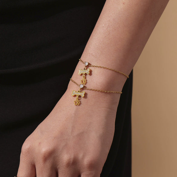 316L Stainless Steel And 316L Stainless Steel Heart Bone Zircon Pendant Stacked Clavicle Necklace And Bracelet Set With Electroplating