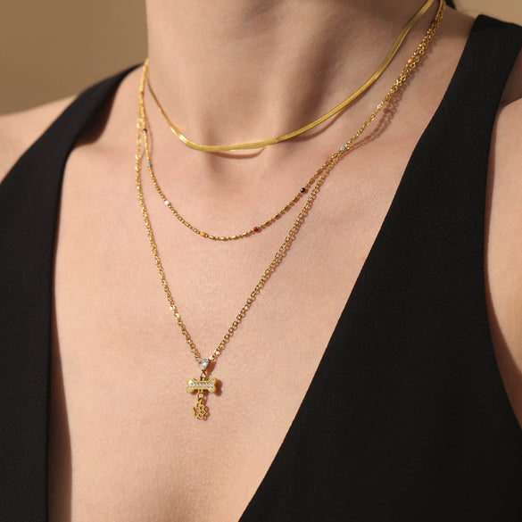 316L Stainless Steel And 316L Stainless Steel Heart Bone Zircon Pendant Stacked Clavicle Necklace And Bracelet Set With Electroplating