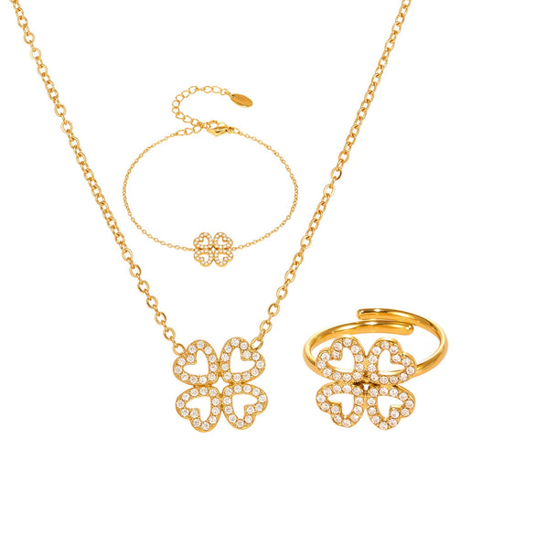 316L Stainless Steel And 316L Stainless Steel Heart Four Leaf Flower Jewelry Set With Electroplating Necklace Bracelet Ring