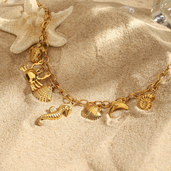 Stainless Steel And Titanium Steel Holiday Turtle Conch Shell Dolphin Crab Seahorse Pendant Necklace With Electroplating