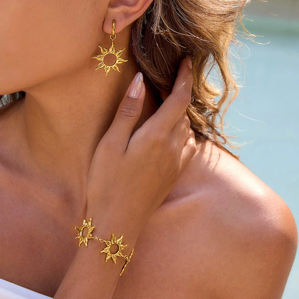 Stainless Steel And Titanium Steel Hollow Bracelet And Earrings With Stars Sun And Moon Clouds Universe Pattern Electroplated Minimalist Jewelry For Women