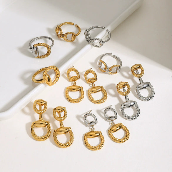 Stainless Steel And Titanium Steel Horseshoe Buckle Earrings With Heart Water Drop And Bell Patterns Electroplated Geometric Style