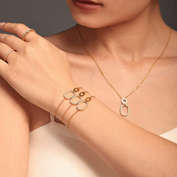 Stainless Steel And Titanium Steel Inlaid Zircon Double Ring Necklace Bracelet For Women With Electroplating And Geometric Style