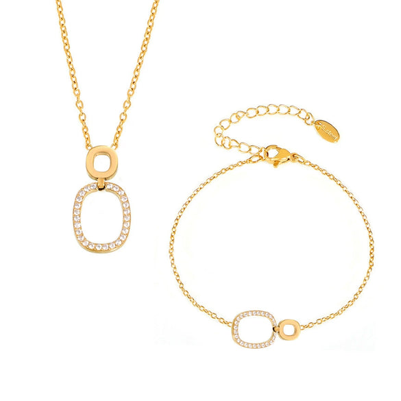 Stainless Steel And Titanium Steel Inlaid Zircon Double Ring Necklace Bracelet For Women With Electroplating And Geometric Style