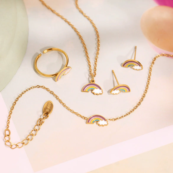 316L Stainless Steel And 316L Stainless Steel Jewelry For Kids Dopamine Dripping Oil Rainbow Cloud Style With Electroplating And Chain Pattern Include Necklace Bracelet Ring Earrings
