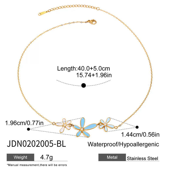 Stainless Steel And Titanium Steel Jewelry With Blue And White Drop Oil And Diamond Flowers Pattern Electroplated For Women Marine Vacation Style