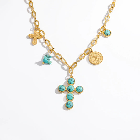 Stainless Steel And Titanium Steel Light Luxury O Chain Necklace With 18K Gold Cross And Pearl Electroplated