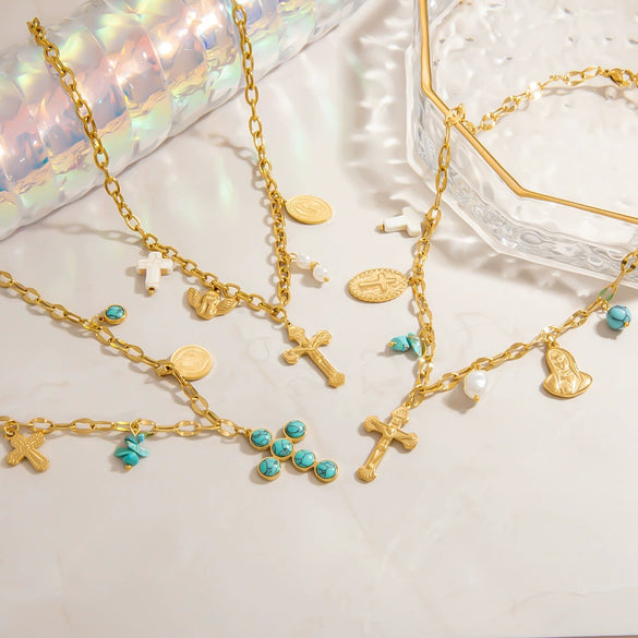 Stainless Steel And Titanium Steel Light Luxury O Chain Necklace With 18K Gold Cross And Pearl Electroplated