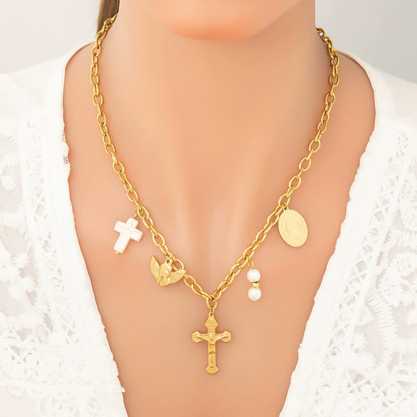 Stainless Steel And Titanium Steel Light Luxury O Chain Necklace With 18K Gold Cross And Pearl Electroplated